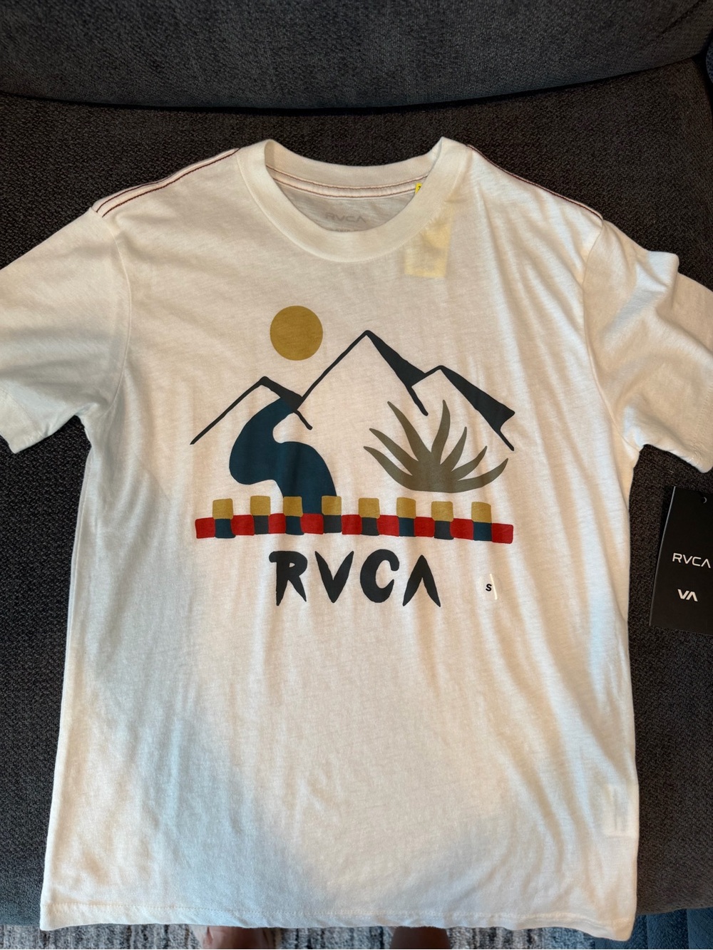 RVCA White Short-Sleeve Tee with Mountain Graphic and Gold Sun